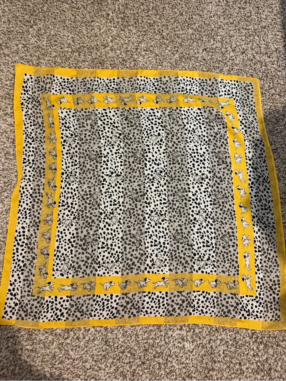 Yellow Border Polka Dot Scarf with Dalmatian Dog Motif